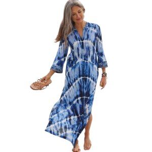 Soft Surroundings Sea Sprite Blue Tie Dye Embroidered Maxi Kaftan Dress, Size L